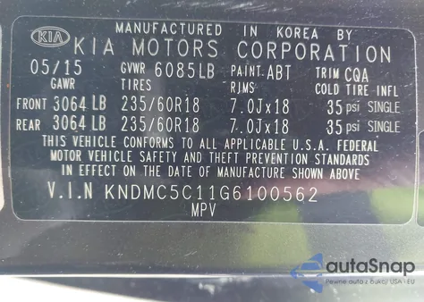 2016 Kia Sedona Ex из США, поврежденный, VIN KNDMC5C11G6100562